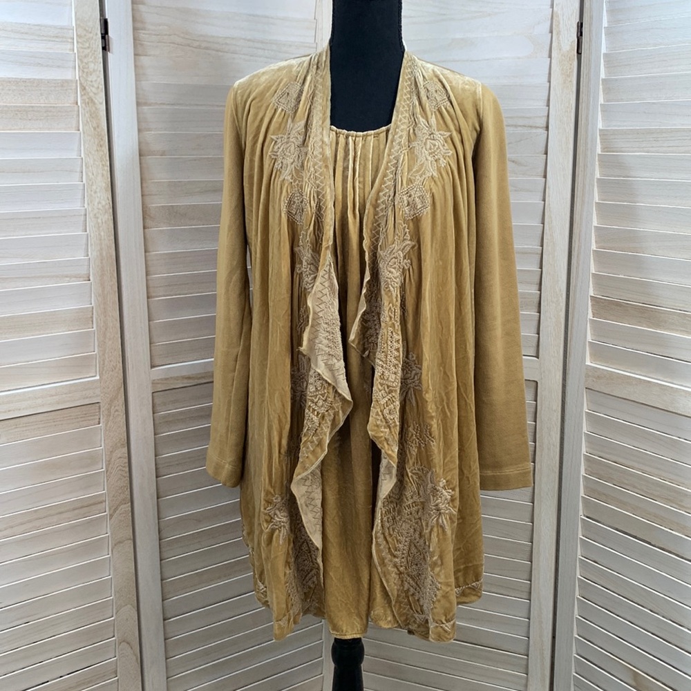 Johnny Was 2-pc Velvet embroidered dress & open front cardigan Small